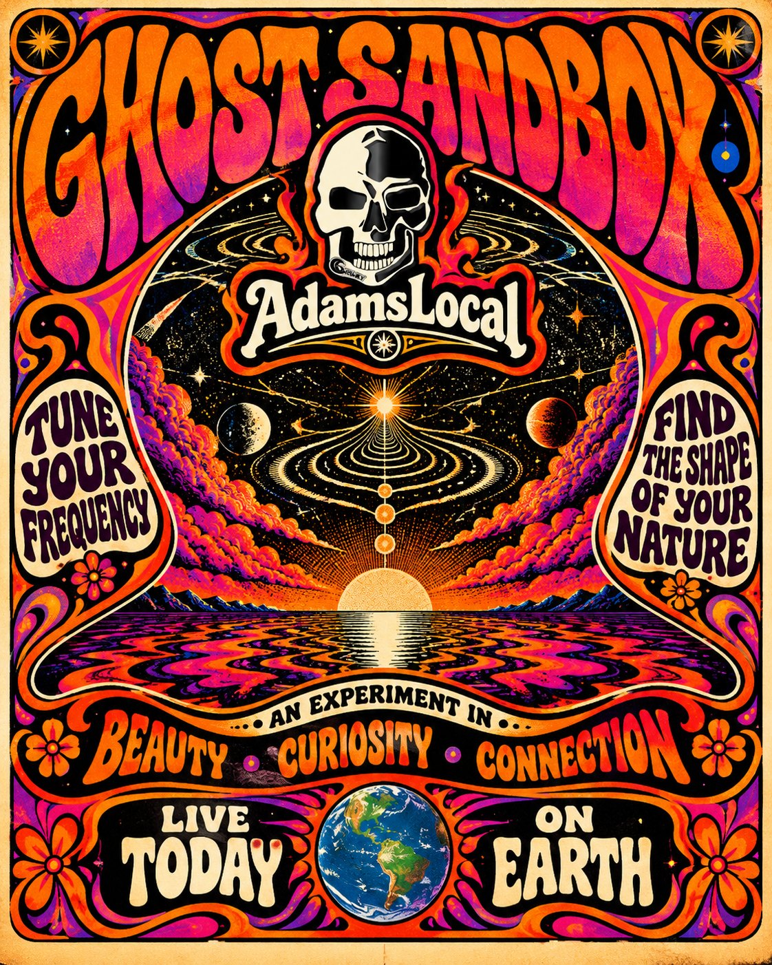 The GhostSandbox poster: a skull over the AdamsLocal name, a sun rising through rings of light onto a striped sea. Tune your frequency. Find the shape of your nature. Live today, on Earth.
